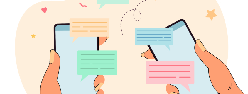 Two hands holding phones with messages in speech bubbles